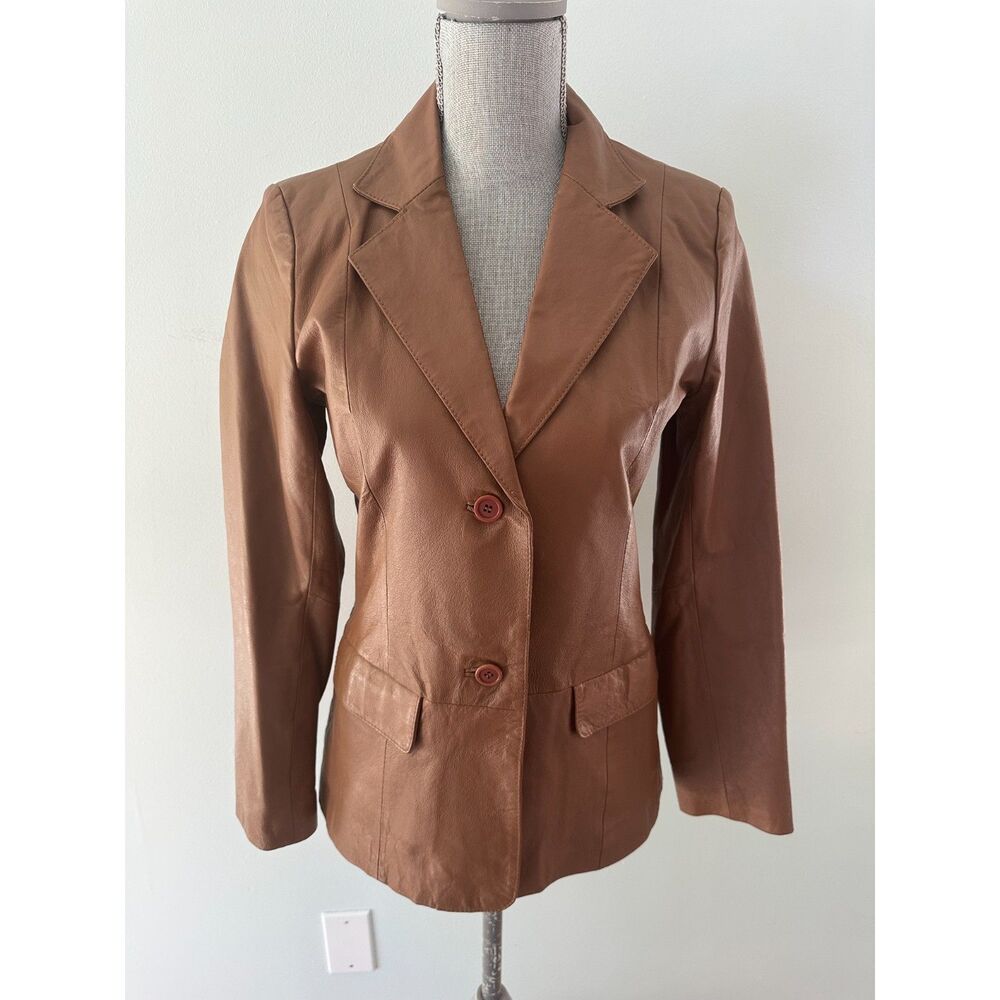Vintage Brown Leather Blazer Jacket Womens Size 4 Button Fitted Coat Y2K 90s